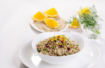 Quinoa salad with cranberries and orange. Superfoods concept.