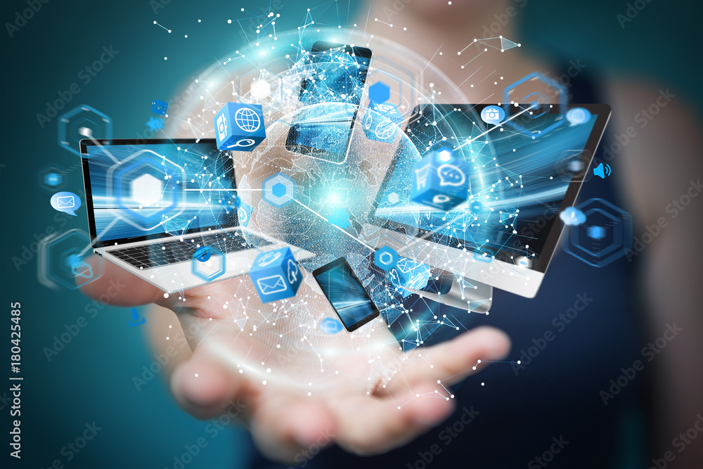 Poster tech devices connected to each other by businesswoman 3d rendering