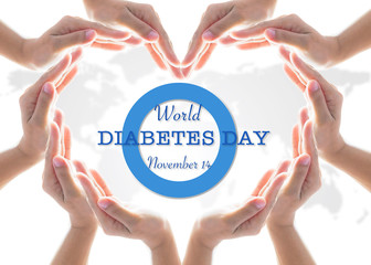 World diabetes day concept with blue circle symbolic logo among protective heart-shape hands for...