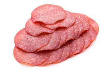 Salami slices isolated on white background.