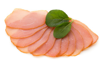 Sliced boiled ham sausage isolated on white background, top view.
