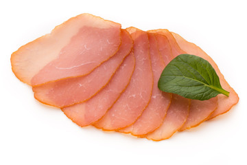 Sliced boiled ham sausage isolated on white background, top view.