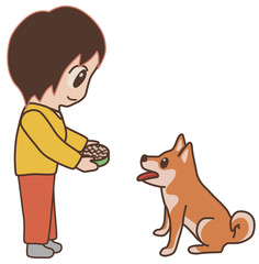 ごはんを待つ犬　ごはんをあげる女性