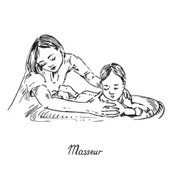 Woman massaging newborn child, hand drawn doodle, sketch in pop art style, black and white vector illustration