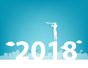 Young manager looking success at standing above numbers 2018. Concept business vector illustration. Flat silhouette style.
