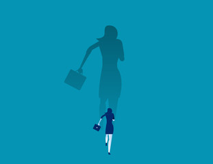 Businesswoman running with his big shadow. Concept business vector illustration.
