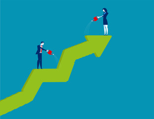 Business people watering and growth shaped graph. Concept business vector illustration.