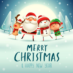 Fototapeta na wymiar Merry Christmas! Happy Christmas companions in the moonlight. Santa Claus, Snowman, Reindeer and elf in Christmas snow scene. 