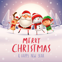 Merry Christmas! Happy Christmas companions in the moonlight. Santa Claus, Snowman, Reindeer and elf in Christmas snow scene. 
