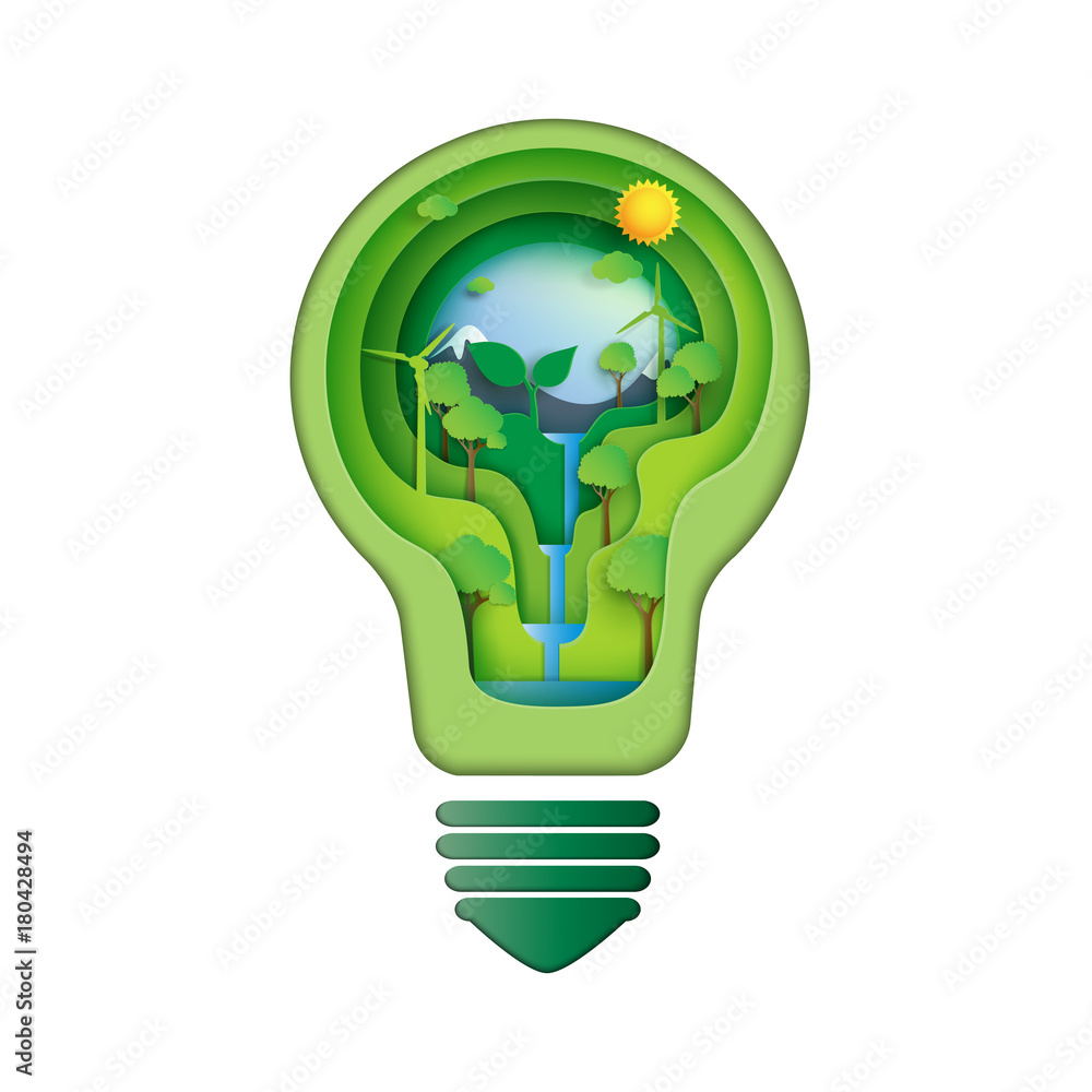 Poster save energy creative idea concept.paper carve of light bulb with nature and environment conservation