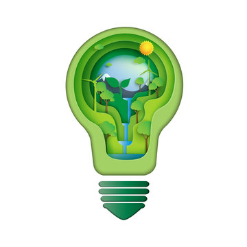 Save energy creative idea concept.Paper carve of light bulb with nature and environment conservation paper art style.Vector illustration.