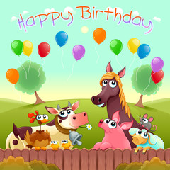 Obraz premium Happy Birthday card with cute farm animals in the countryside