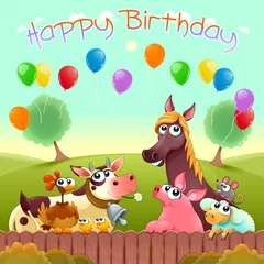  Happy Birthday card with cute farm animals in the countryside © ddraw