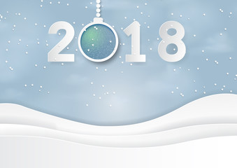 Happy new year with text 2018 on snow and winter season with nature landscape paper art style