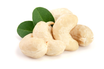 cashew nuts with leaf isolated on white background. macro
