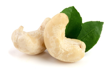 cashew nuts with leaf isolated on white background. macro