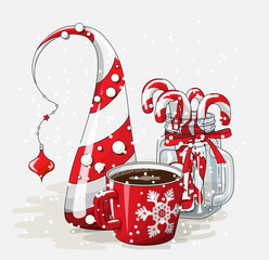 Holidays motive, red cup of coffee with abstract cone tree and glass jar with candy canes, illustration