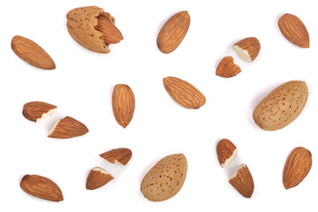 almonds isolated on white background. Flat lay pattern. Top view