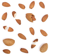 almonds isolated on white background with copy space for your text. Top view. Flat lay pattern