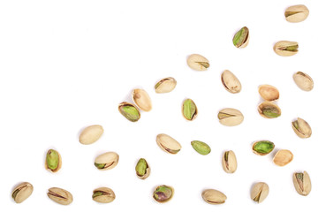 Pistachios isolated on white background with copy space for your text, top view. Flat lay pattern