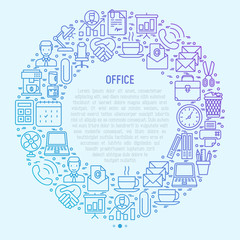 Office concept in circle with thin line icons of manager, coffee machine, chair, career growth, e-mail, folders, watercooler, lamp. Vector illustration for banner, web page, print media.