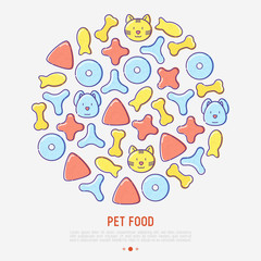 Pet food concept in circle with thin line icons of dry food in different shapes and cute dog and cat. Modern vector illustration.