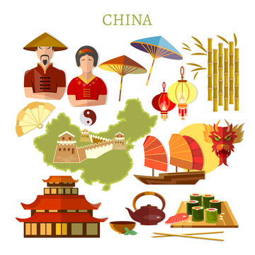 China collection. Chinese traditions and culture, map, people. Travel to China template elements