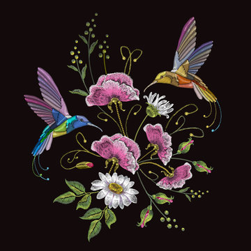 Embroidery humming bird and chamomile. Beautiful hummingbirds, summer flowers and white chamomile embroidery on black background. Template for clothes, textiles, t-shirt design