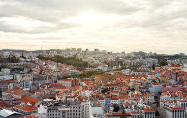 View of old city and modern city of Lisbon at sunset.