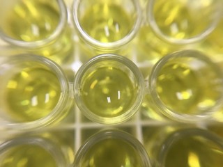 Blurred background -Yellow  solution in glass tube in laboratory