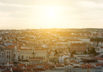 Aerial view of old Lisbon at sunset.