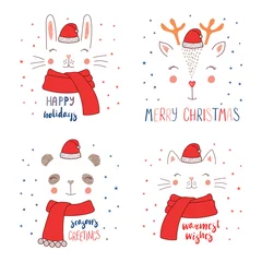 Poster Set of hand drawn cute funny animal faces in Santa Claus hats, mufflers, with winter holidays, Christmas quotes. Isolated objects on white background. Vector illustration. Design concept for kids. © Maria Skrigan