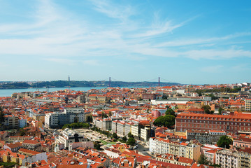 Fototapeta na wymiar Alfama downtown and the 25 April Bridge in Lisbon, Portugal.