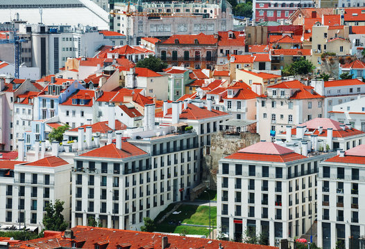 Aerial view of old streets of Lisbon. Martim Moniz square.
