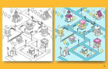 Seamless pattern with isometric buildings. Isometric map of city