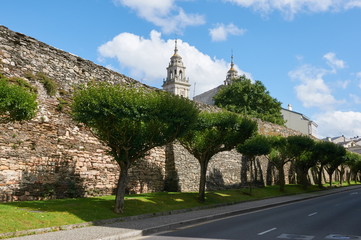 The Roman wall and the towers of the cathedral of Lugo (Galicia, Spain)