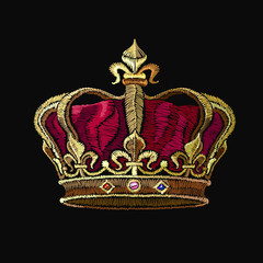 Embroidery crown. Template for clothes, textiles, t-shirt design. Royal gold crown fashion art