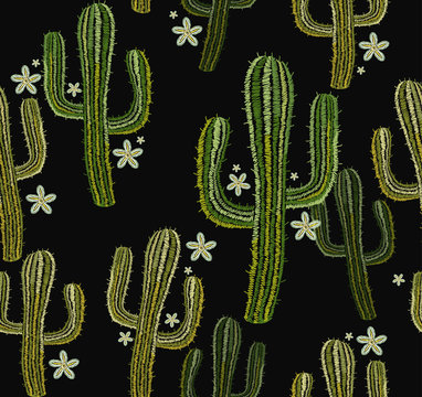 Embroidery cactus seamless pattern. Mexican ethnic classical embroidery, flowers and succulent cactus latin america background. Template for clothes, textiles, t-shirt design