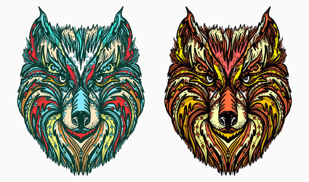 Ornamental wolf head tattoo and t-shirt design. Native american tribal wolf