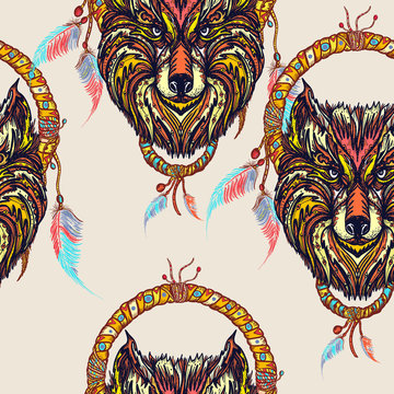 Indian dream catcher with ethnic ornaments and ethnic tribal head wolf seamless pattern. Boho native american style t-shirt design. Tribal wolf and dreamcatcher art pattern vector