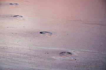 Sandaled foot prints across wet sand at sun-set