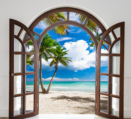 wooden open door arch exit to the beach