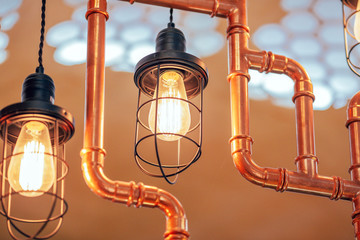 Vintage edison light  lamps and cooper metal tube costruction
