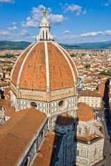 Fototapeta premium Duomo Basilica di Santa Maria del Fiore - Florence, Tuscany, Italy. Aerial closeup taken from the top of Campanile.