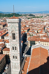 Aerial view of Giotto's Campanile from the top of the Cathedral - Florence, Tuscany, Italy. Giotto...