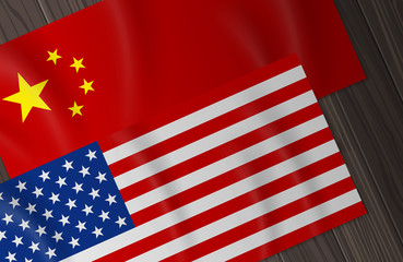 china and usa flags on wooden background