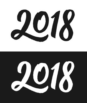 Happy New Year 2018 greeting card template. Hand drawn calligraphic number 2018 with rough contour on black and white backgrounds for Chinese Year of the Dog. Vector illustration.