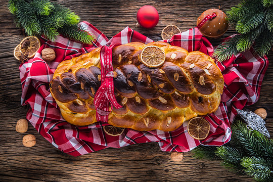 Christmas Cake and Christmas Decorations. Christmas cake, slovak or eastern europe traditional pastry - vianocka