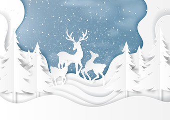 Deers family joyful on snow and winter season with nature landscape background for merry christmas and happy new year paper art style.Vector illustration.