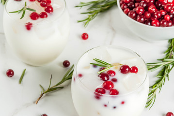 Ideas for drinks for Xmas and thanksgiving. White christmas margarita punch with cranberries and rosemary, on a white marble table,
